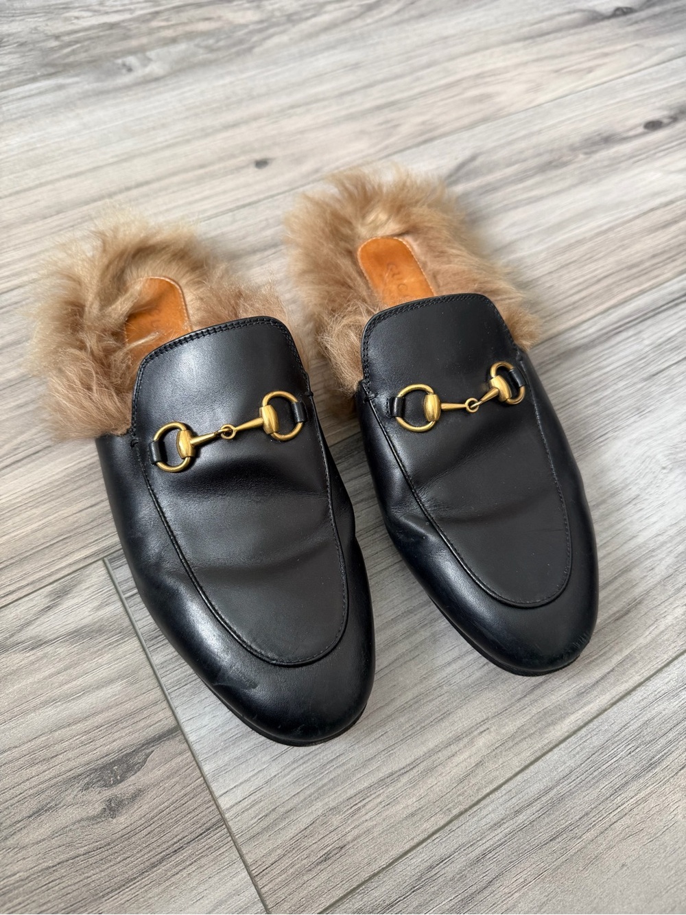 Gucci Black Leather Fur-Lined Horsebit Mules (women’s)
